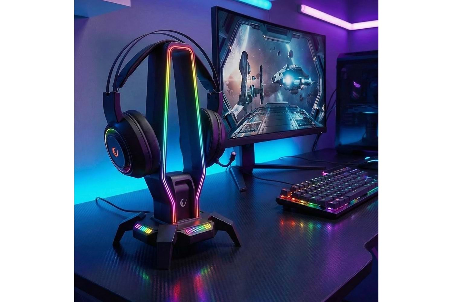 Rampage RM-H27 IGRIS Kulaklık İçin Stand RGB Işıklı 3*USB 1*Type-C Siyah 1*3.5mm Port