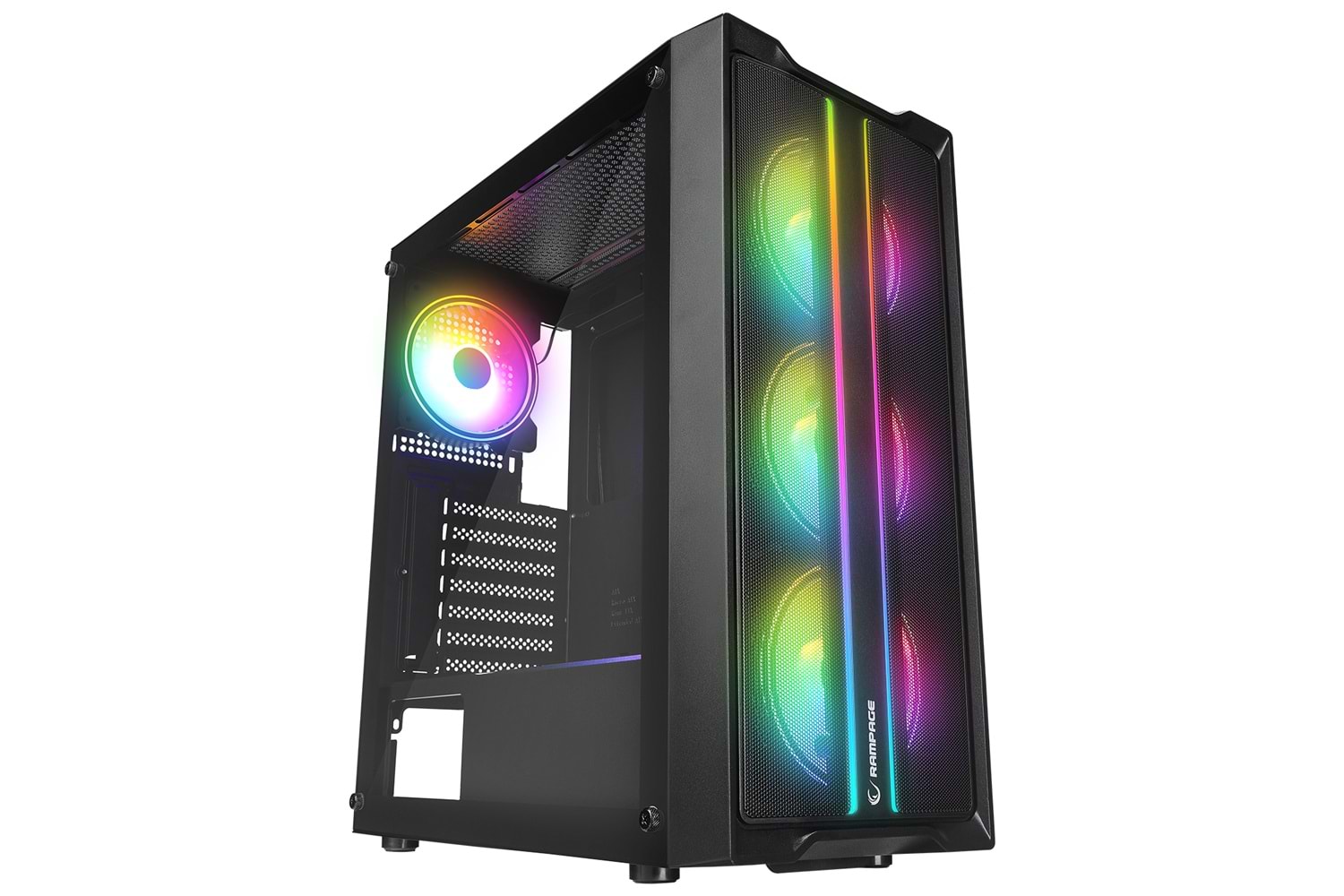 Rampage SLIDER Mesh LED Şerit Temperli Cam Siyah 4*12cm Sabit RGB Fan ATX Mid-T Gaming Oyuncu Kasası