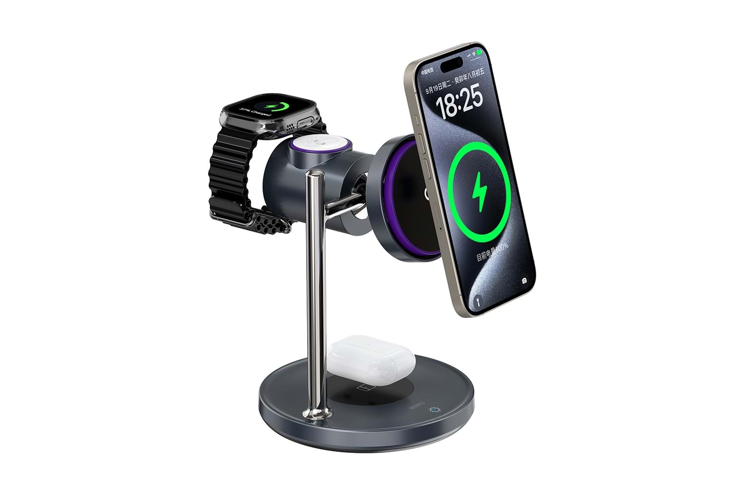 Wiwu 3'ü 1 Arada Qi2.2 Space MagSafe Hava Soğutmalı Şarj İstasyonu Siyah (W041)