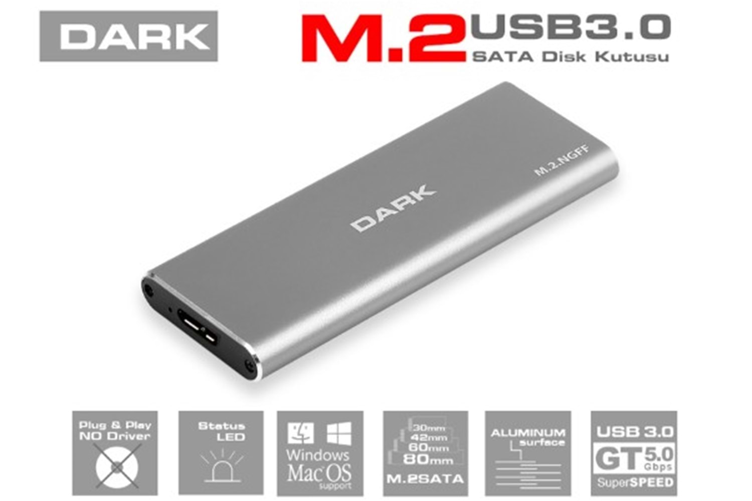 Dark USB Type C M.2 NVMe Disk Kutusu 30/42/60/80mm Alüminyum Malzeme ile Hızlı Veri Transferi