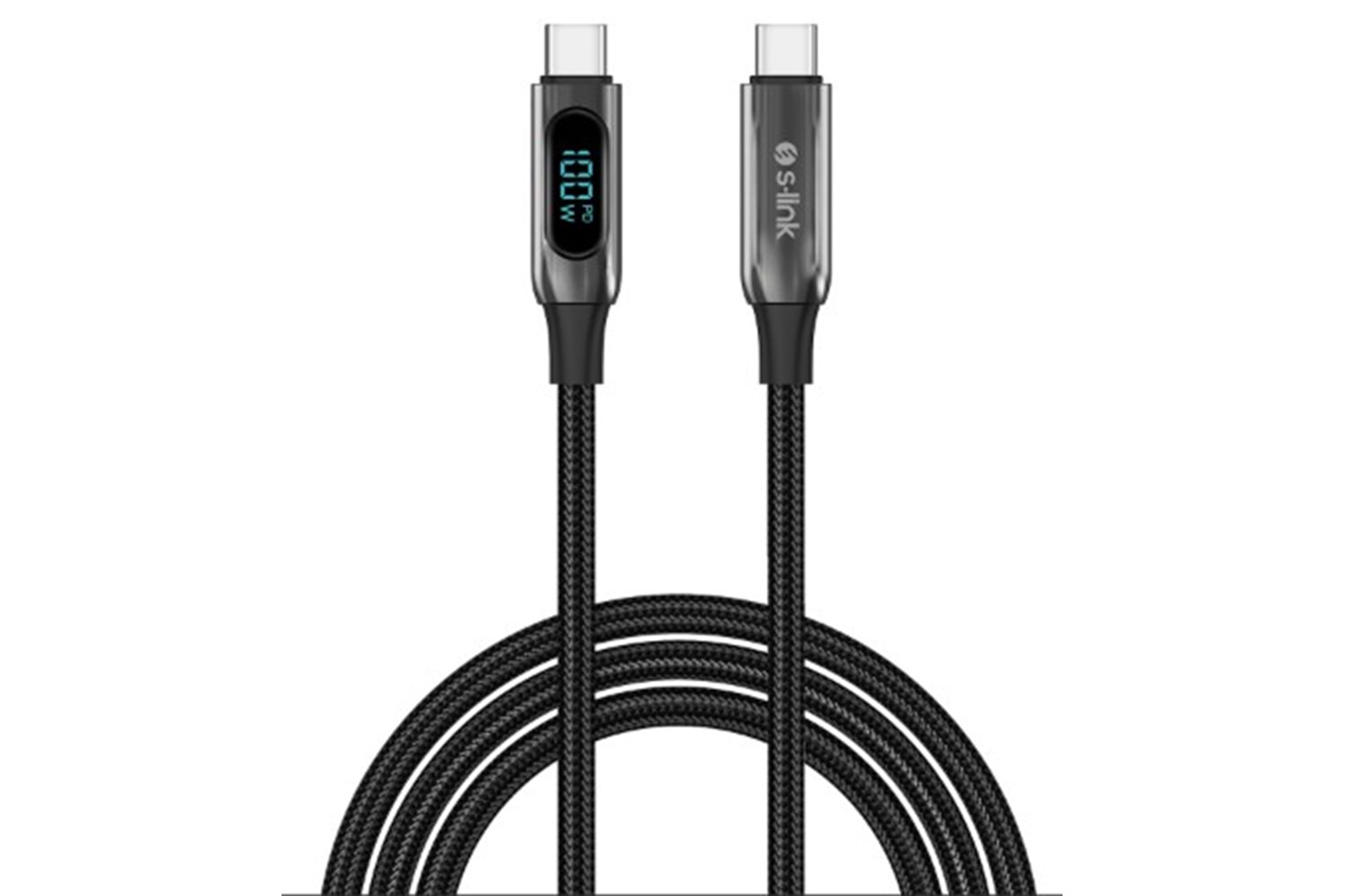 S-link Armor LED LCC-0100 100W 1m Type-C to Type-C PD Örgülü LED Başlıklı Siyah Hızlı Şarj Kablosu