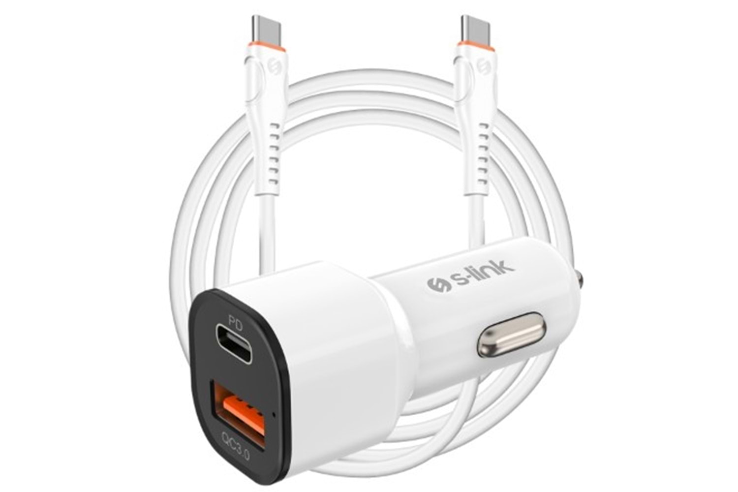 S-link SL-EC38PD TypeC to TypeC Kablolu 38W PD + USB QC3.0 Beyaz Araç Şarj Cihazı