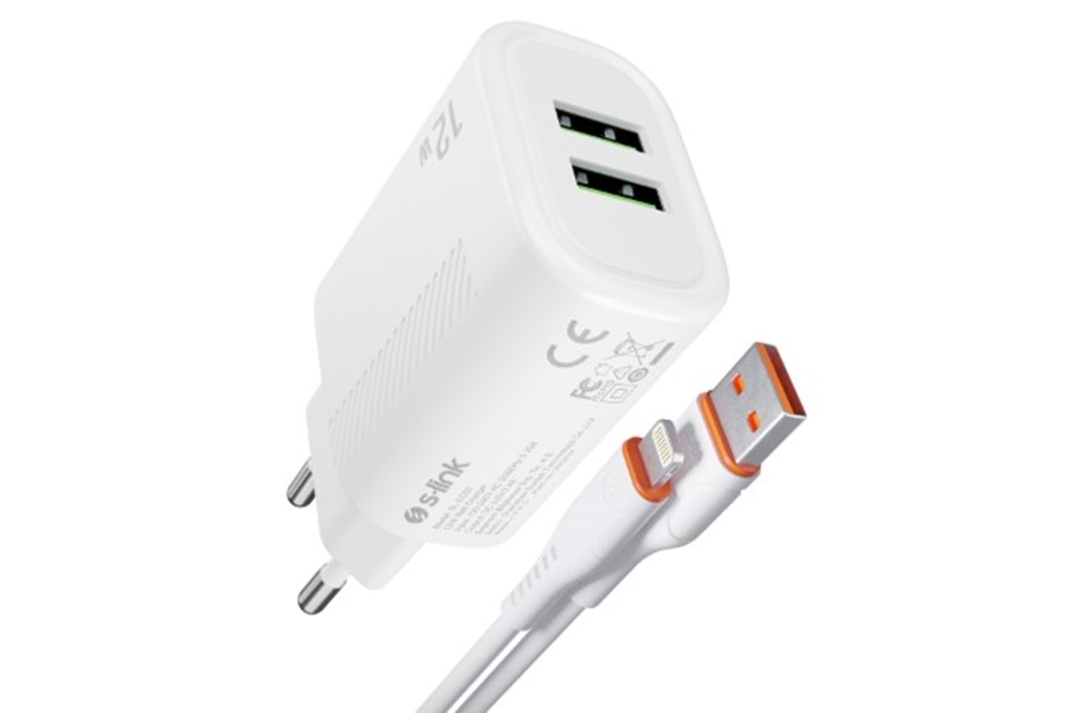 S-link SL-EC50 (SL-EC50L) Lightning Kablolu 5V 2400MA 2 USB Çıkışlı Beyaz Ev Şarj Adaptörü