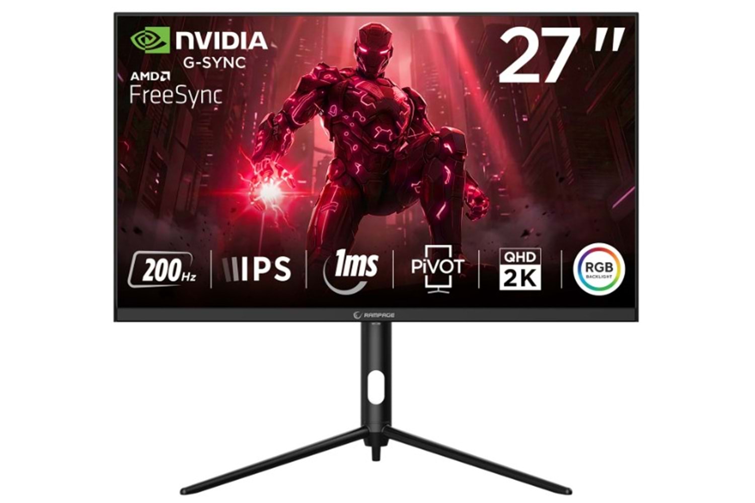 Rampage Glacier GL27R200Q 27 200Hz 1ms Fast IPS QHD 2K AdaptiveSync RGB Pivot Siyah Flat Oyuncu Monitörü