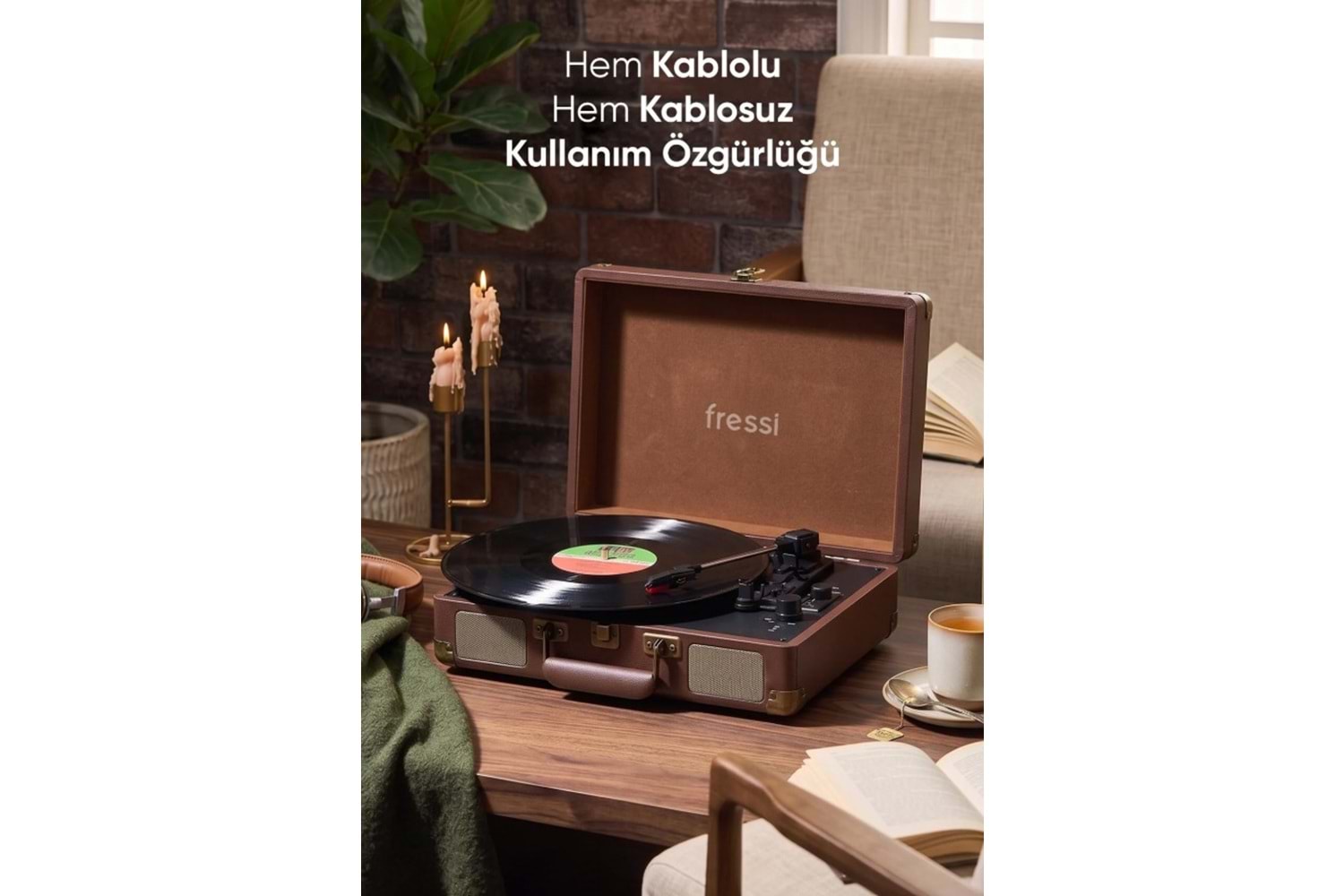 Fressi Zenitte Nostaljik Pikap Plak Çalar Şarjlı Dahili Hoparlörlü Bluetooth USB RCA FR-P101 - Kahverengi