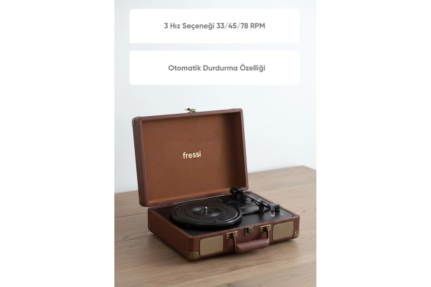 Fressi Zenitte Nostaljik Pikap Plak Çalar Şarjlı Dahili Hoparlörlü Bluetooth USB RCA FR-P101 - Kahverengi
