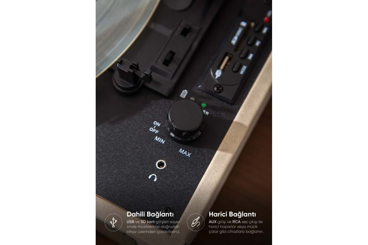 Fressi Zenitte Nostaljik Pikap Plak Çalar Şarjlı Dahili Hoparlörlü Bluetooth USB RCA FR-P101 - Krem