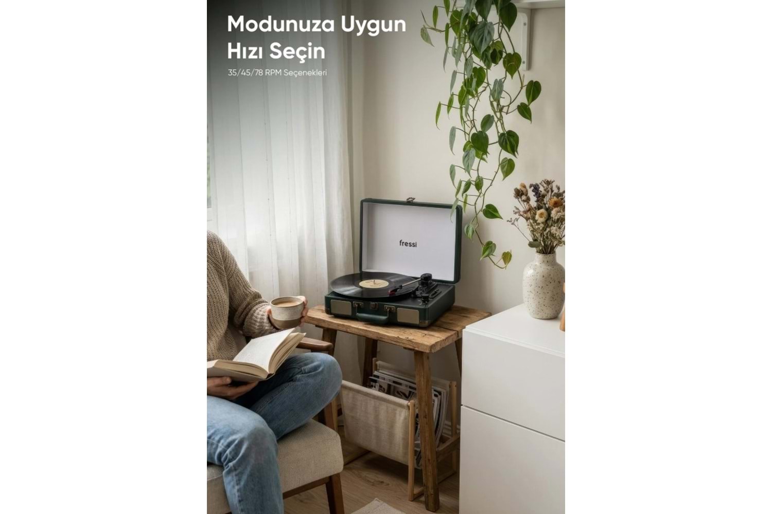 Fressi Zenitte Nostaljik Pikap Plak Çalar Şarjlı Dahili Hoparlörlü Bluetooth USB RCA FR-P101 - Yeşil