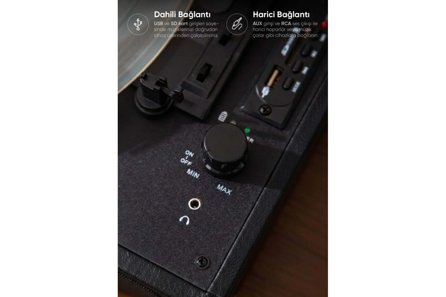 Fressi Zenitte Nostaljik Pikap Plak Çalar Şarjlı Dahili Hoparlörlü Bluetooth USB RCA FR-P101 - Siyah