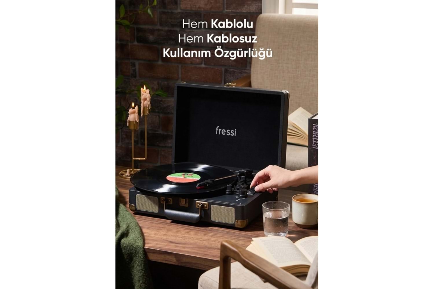 Fressi Zenitte Nostaljik Pikap Plak Çalar Şarjlı Dahili Hoparlörlü Bluetooth USB RCA FR-P101 - Siyah