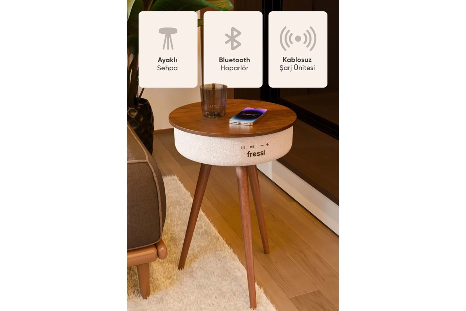 Fressi FR-SH2502 Bluetooth Hoparlör Hızlı Şarj Destekli Ahşap Ayaklı Kablolu Sehpa Speaker