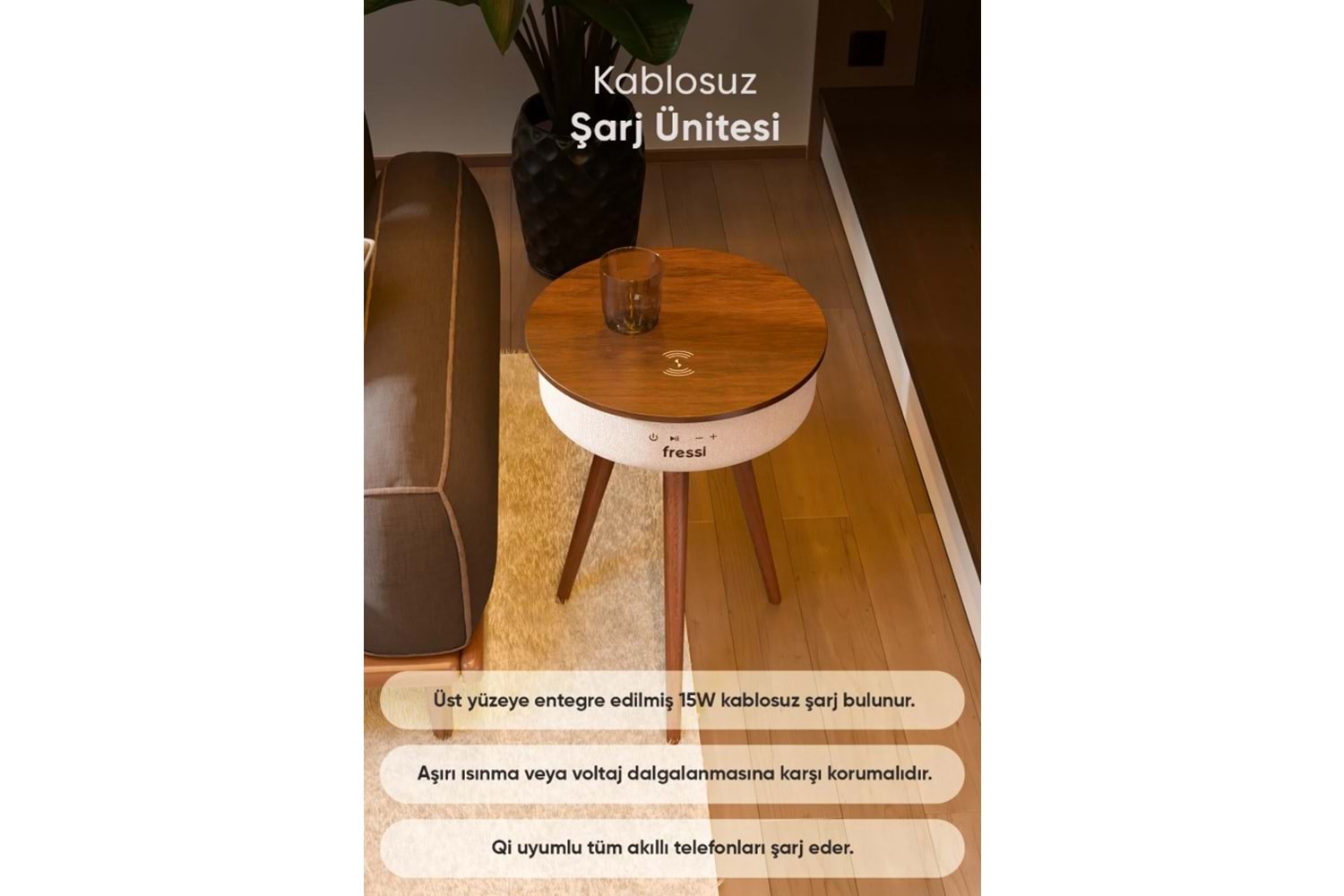 Fressi FR-SH2502 Bluetooth Hoparlör Hızlı Şarj Destekli Ahşap Ayaklı Kablolu Sehpa Speaker