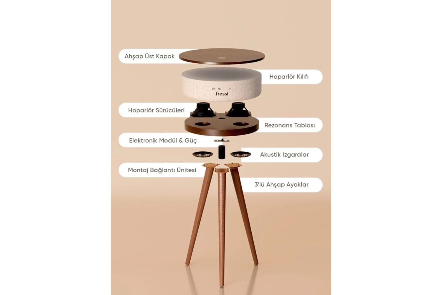 Fressi FR-SH2502 Bluetooth Hoparlör Hızlı Şarj Destekli Ahşap Ayaklı Kablolu Sehpa Speaker
