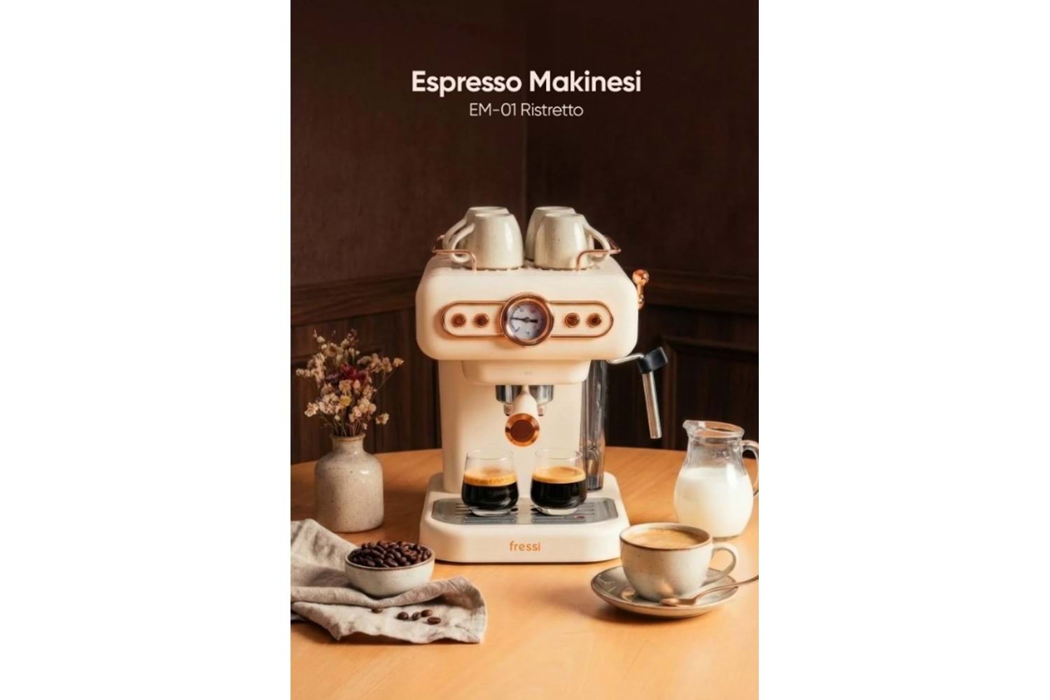 Fressi Espresso Latte Cappuccino Kahve Makinesi Süt Köpürtücülü 20bar Basınçlı 1,2lt Em-01 Ristretto - Krem