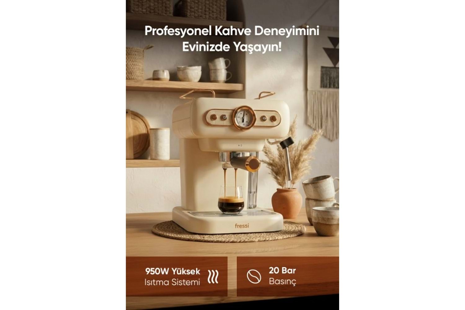 Fressi Espresso Latte Cappuccino Kahve Makinesi Süt Köpürtücülü 20bar Basınçlı 1,2lt Em-01 Ristretto - Krem