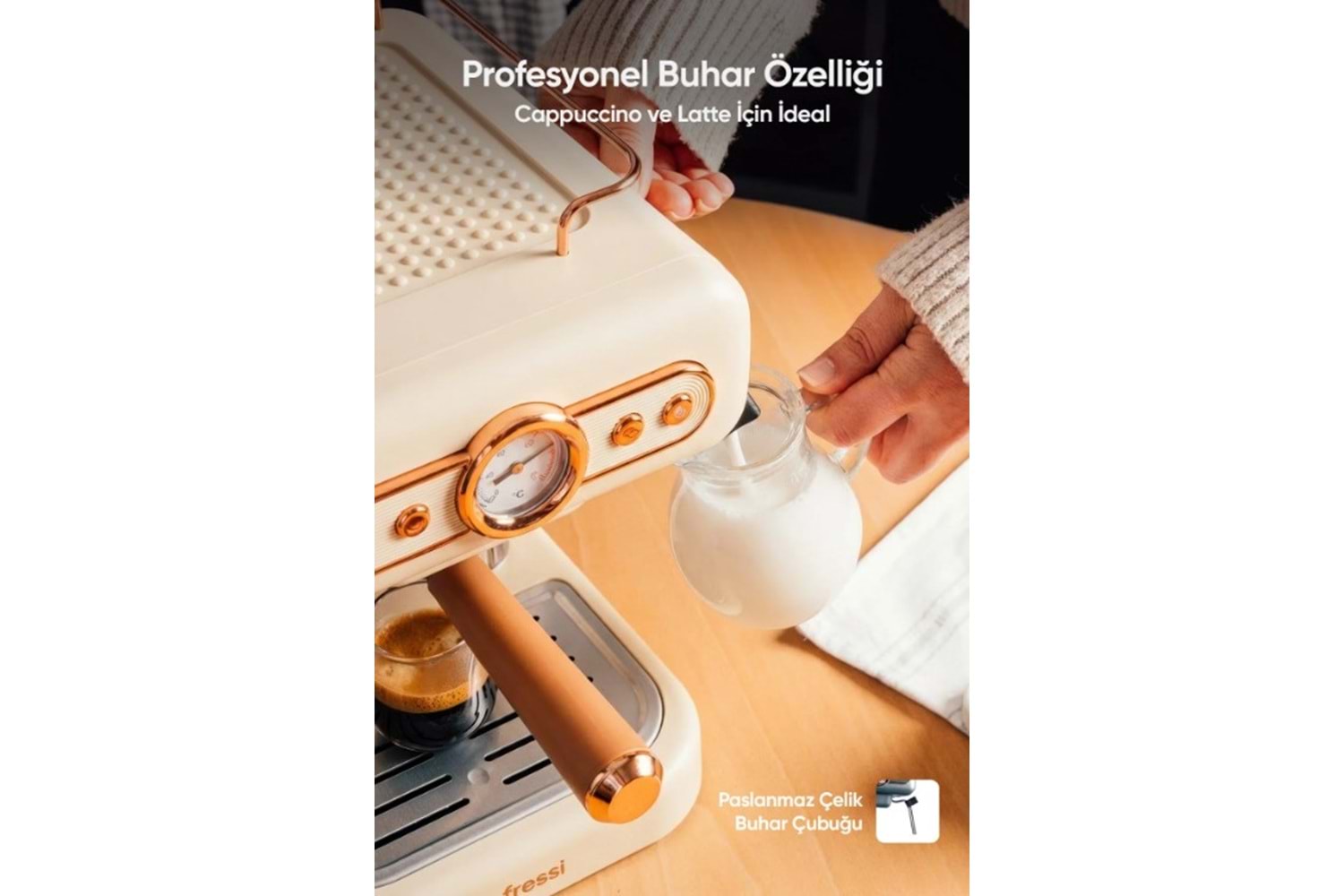 Fressi Espresso Latte Cappuccino Kahve Makinesi Süt Köpürtücülü 20bar Basınçlı 1,2lt Em-01 Ristretto - Krem