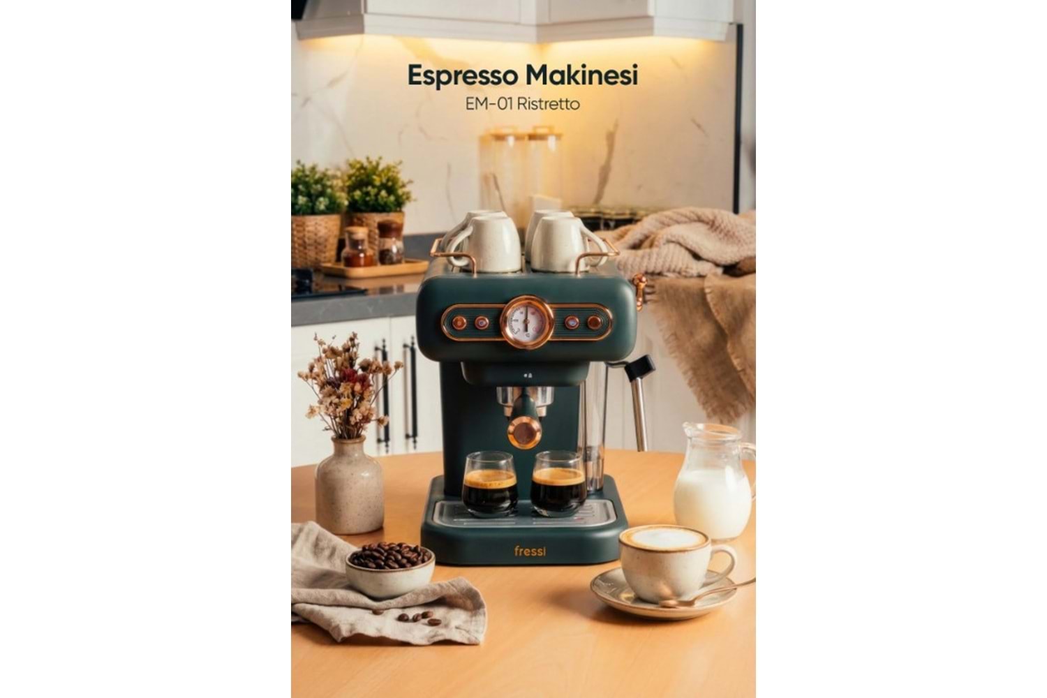 Fressi Espresso Latte Cappuccino Kahve Makinesi Süt Köpürtücülü 20bar Basınçlı 1,2lt Em-01 Ristretto - Yeşil