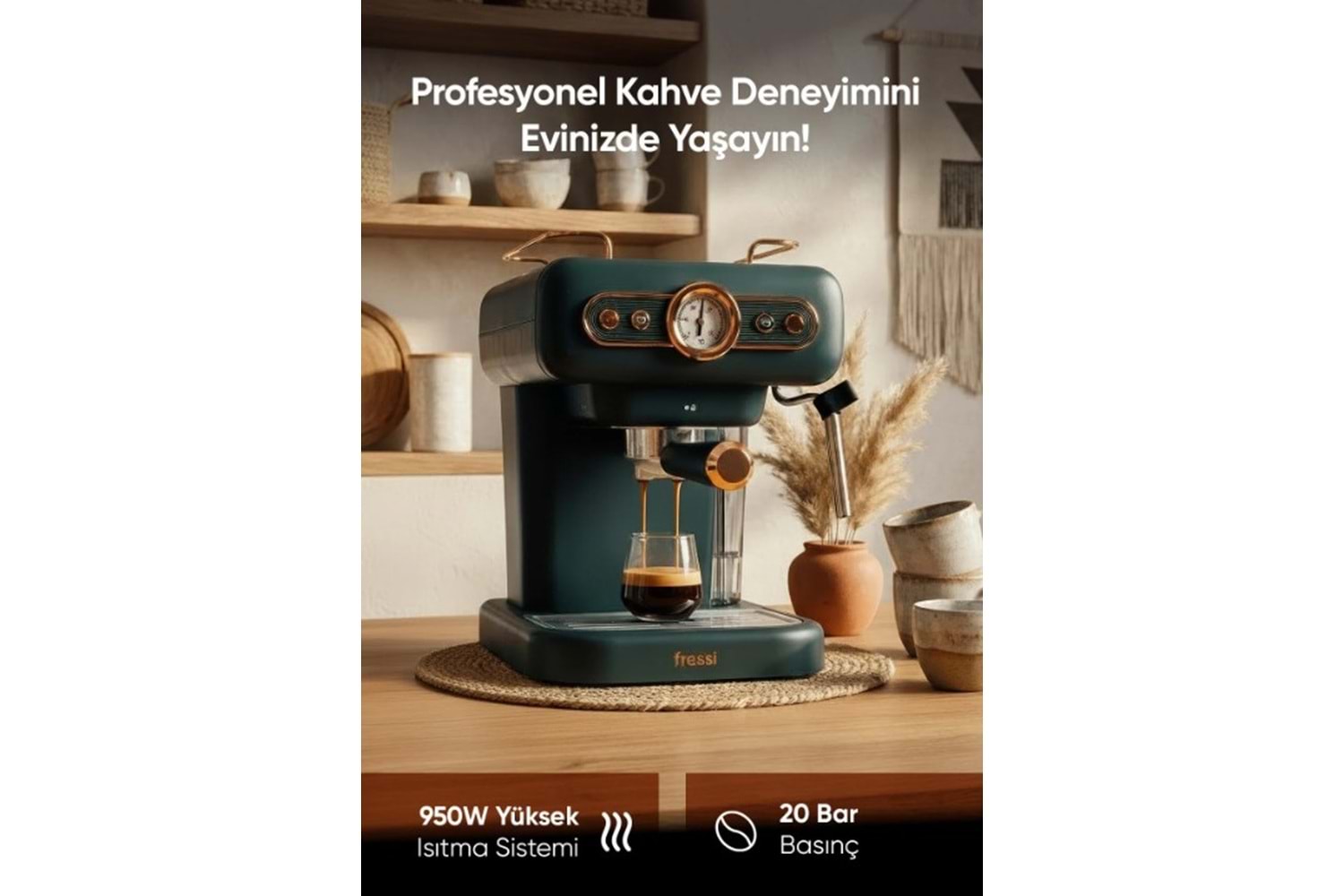 Fressi Espresso Latte Cappuccino Kahve Makinesi Süt Köpürtücülü 20bar Basınçlı 1,2lt Em-01 Ristretto - Yeşil