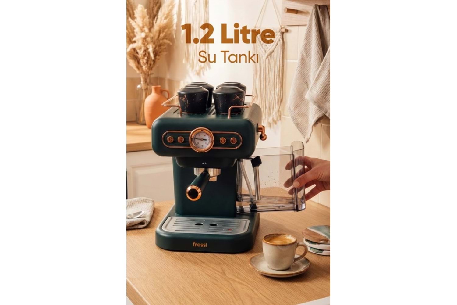 Fressi Espresso Latte Cappuccino Kahve Makinesi Süt Köpürtücülü 20bar Basınçlı 1,2lt Em-01 Ristretto - Yeşil