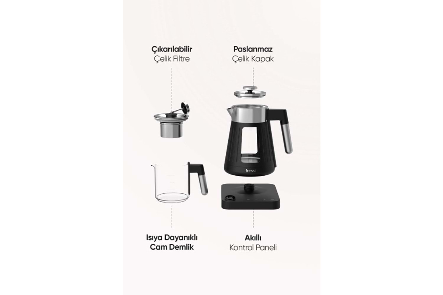 Fressi FR-CM17 Theora Dijital Standlı Cam Siyah Çay Makinesi