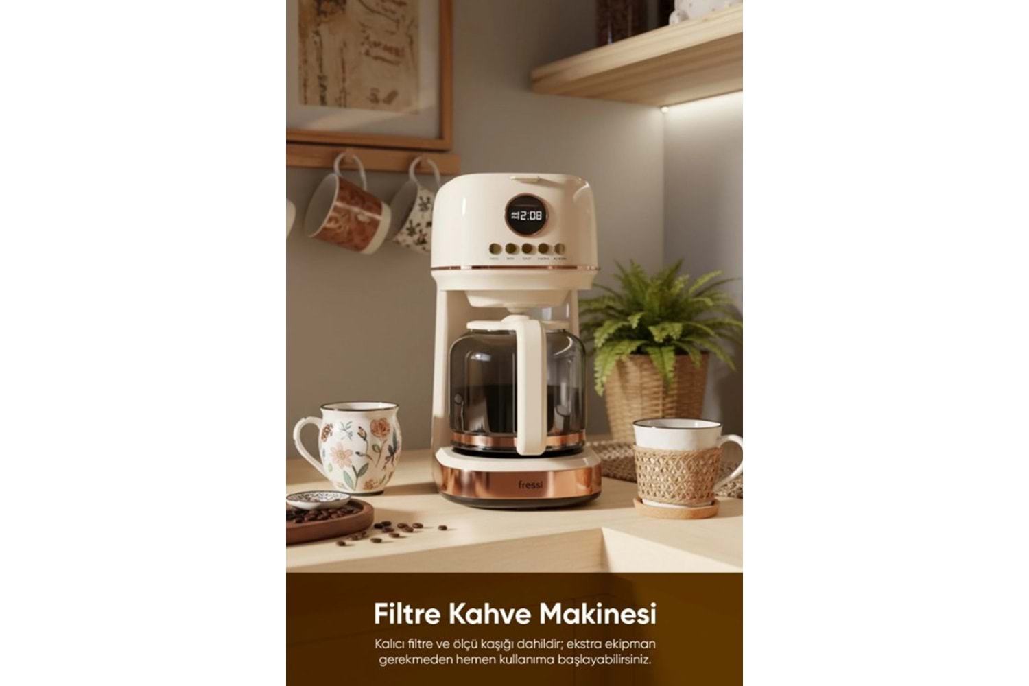 Fressi FR-FC09 Velluto Dijital Göstergeli Krem Filtre Kahve Makinesi