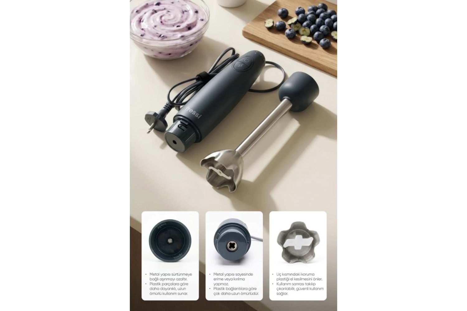 Fressi FR-HB271 Urban Paslanmaz Çelik Bıçaklı Turbo 1000W Lacivert El Blenderı