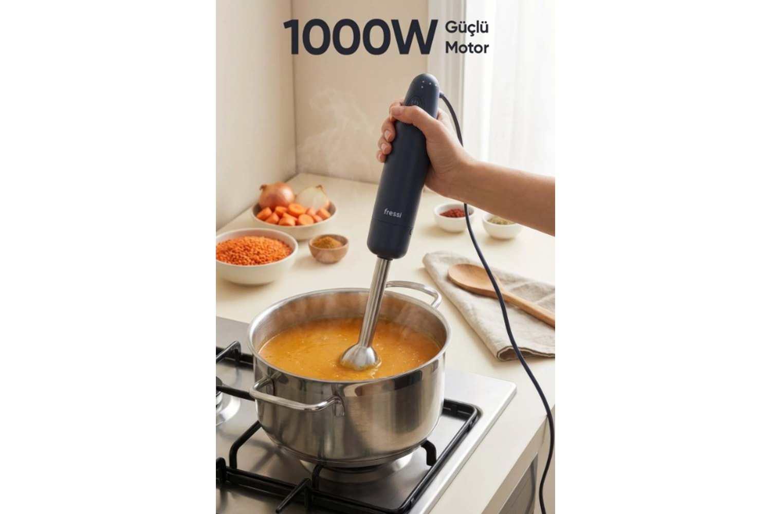 Fressi FR-HB271 Urban Paslanmaz Çelik Bıçaklı Turbo 1000W Lacivert El Blenderı