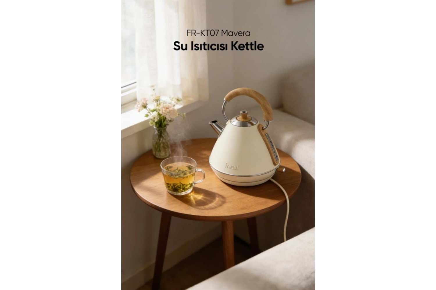 Fressi FR-KT07 Mavera 1,7L Ahşap Kulp Detaylı Krem Kettle Kablosuz Su Isıtıcısı
