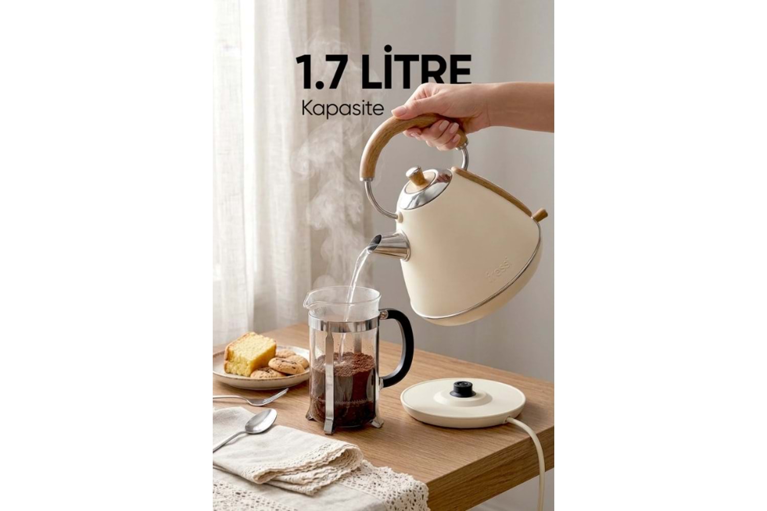 Fressi FR-KT07 Mavera 1,7L Ahşap Kulp Detaylı Krem Kettle Kablosuz Su Isıtıcısı