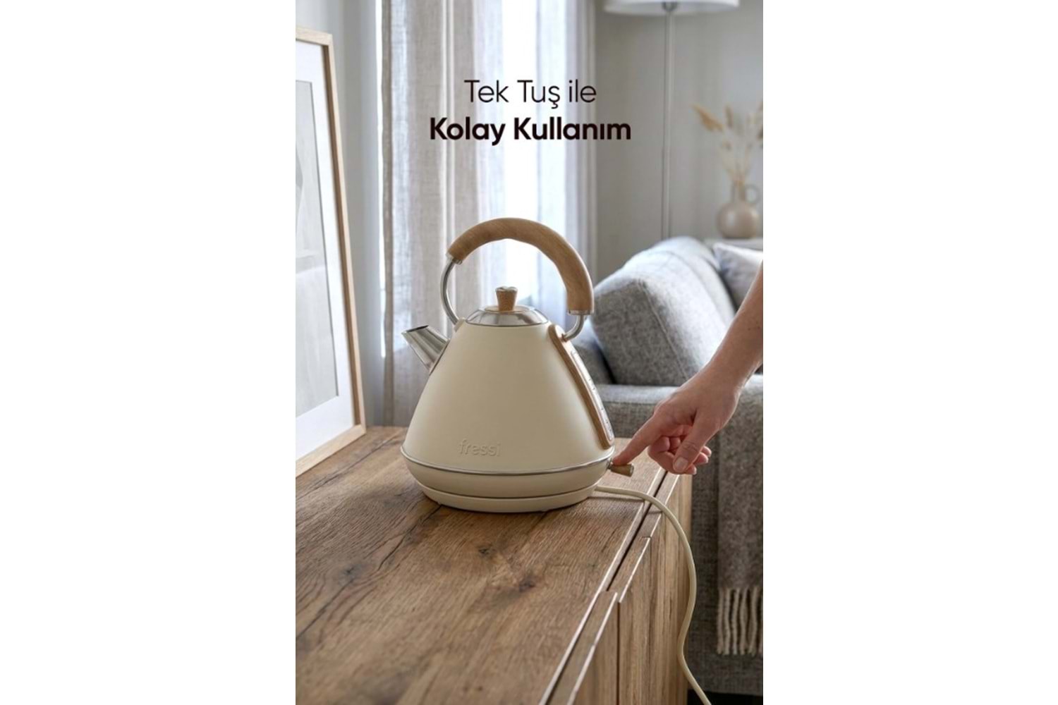 Fressi FR-KT07 Mavera 1,7L Ahşap Kulp Detaylı Krem Kettle Kablosuz Su Isıtıcısı