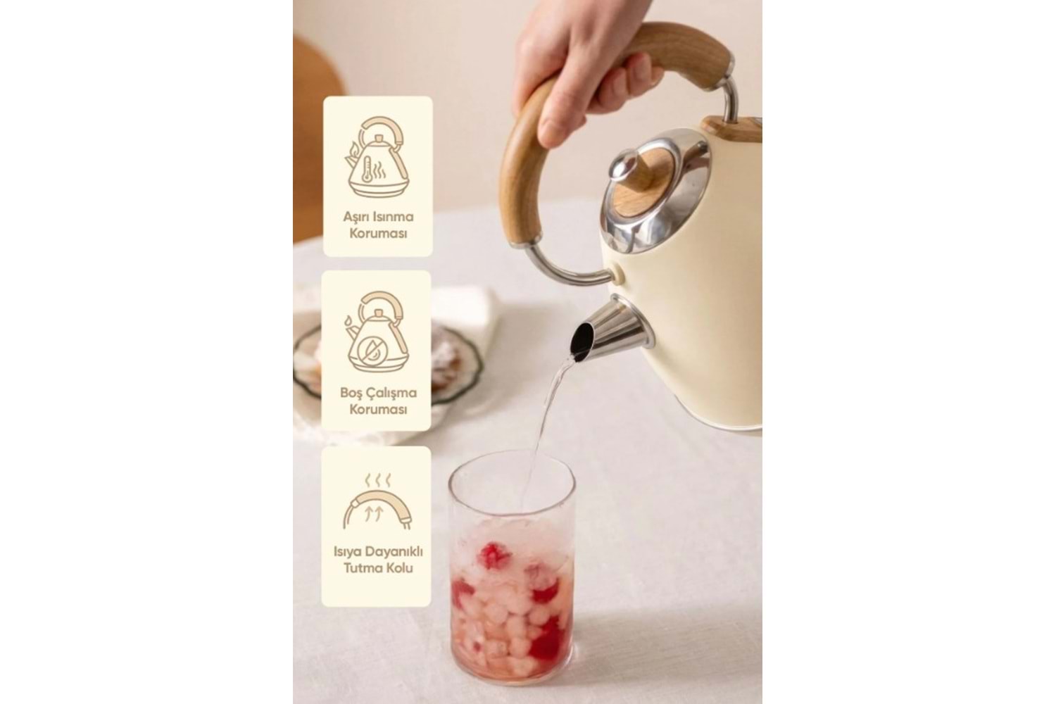 Fressi FR-KT07 Mavera 1,7L Ahşap Kulp Detaylı Krem Kettle Kablosuz Su Isıtıcısı