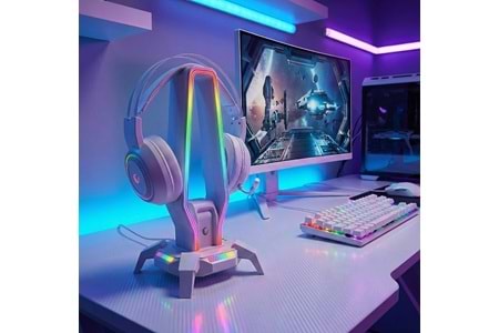 Rampage RM-H27 IGRIS Kulaklık İçin Stand RGB Işıklı 3*USB 1*Type-C Beyaz 1*3.5mm Port