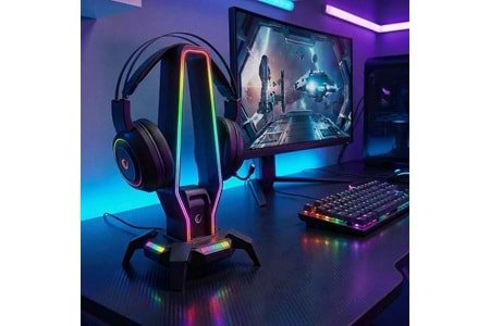 Rampage RM-H27 IGRIS Kulaklık İçin Stand RGB Işıklı 3*USB 1*Type-C Siyah 1*3.5mm Port