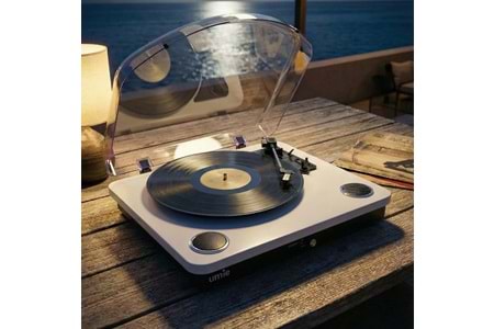 Umie Bemol Beyaz Piano Kaplama Plak Çalar 10W BT İN, BT OUT, RCA, USB Özellikli Nostaljik Pikap