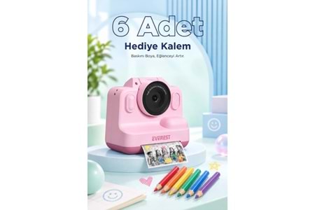 Everest EV-8093 Pembe 1080P Full HD 1300mAh Şarjlı Müzik Anında Baskı Yapabilen Dijital Çocuk Kamerası