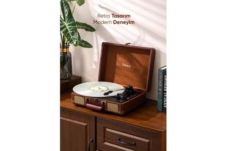 Fressi Zenitte Nostaljik Pikap Plak Çalar Şarjlı Dahili Hoparlörlü Bluetooth USB RCA FR-P101 - Kahverengi