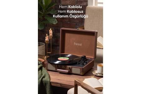 Fressi Zenitte Nostaljik Pikap Plak Çalar Şarjlı Dahili Hoparlörlü Bluetooth USB RCA FR-P101 - Kahverengi