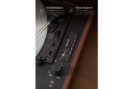 Fressi Zenitte Nostaljik Pikap Plak Çalar Şarjlı Dahili Hoparlörlü Bluetooth USB RCA FR-P101 - Kahverengi