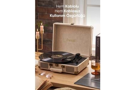 Fressi Zenitte Nostaljik Pikap Plak Çalar Şarjlı Dahili Hoparlörlü Bluetooth USB RCA FR-P101 - Krem