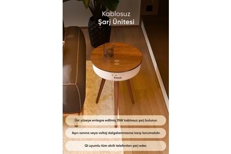 Fressi FR-SH2502 Bluetooth Hoparlör Hızlı Şarj Destekli Ahşap Ayaklı Kablolu Sehpa Speaker