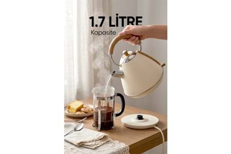 Fressi FR-KT07 Mavera 1,7L Ahşap Kulp Detaylı Krem Kettle Kablosuz Su Isıtıcısı