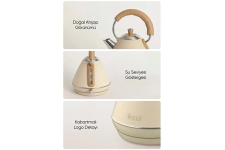 Fressi FR-KT07 Mavera 1,7L Ahşap Kulp Detaylı Krem Kettle Kablosuz Su Isıtıcısı