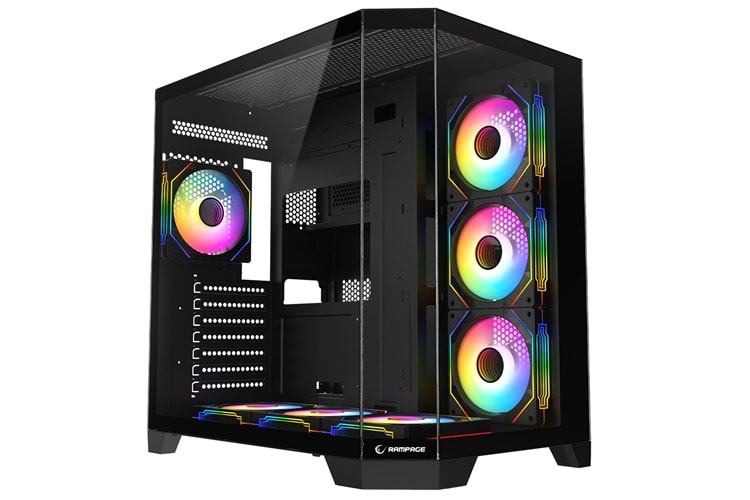 Rampage MEGA V1 850W 80 Plus Bronze 3 Taraf Temp. Camlı 7x12cm ARGB Fan+Kumanda Siyah Oyuncu Kasası