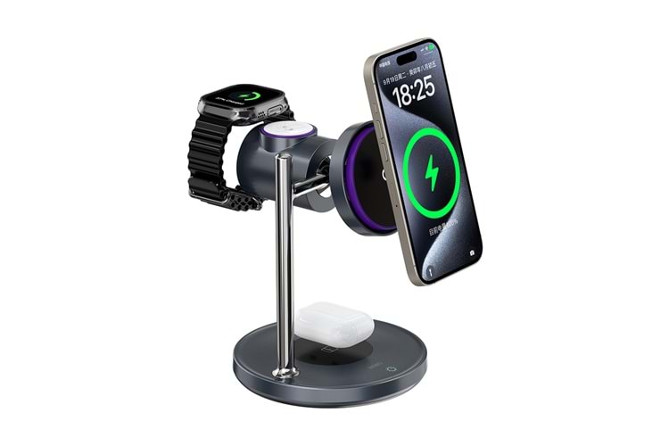Wiwu 3'ü 1 Arada Qi2.2 Space MagSafe Hava Soğutmalı Şarj İstasyonu Siyah (W041)