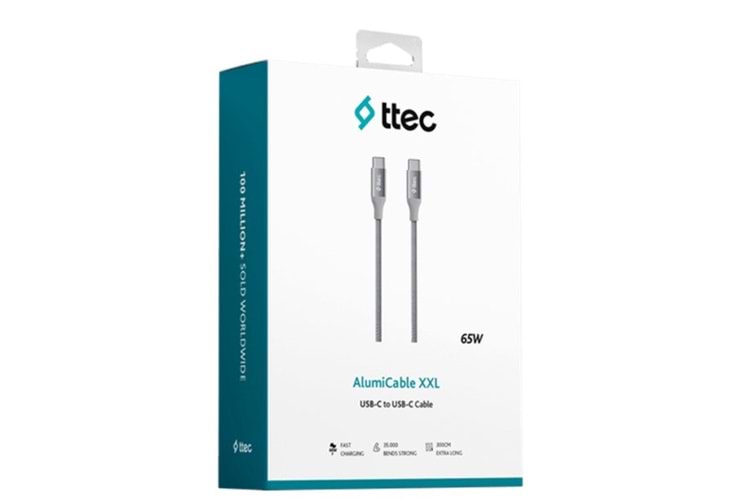 Ttec AlumiCable USB-C - USB-C 300cm 65W PD/QC Hızlı Şarj & Data Kablosu