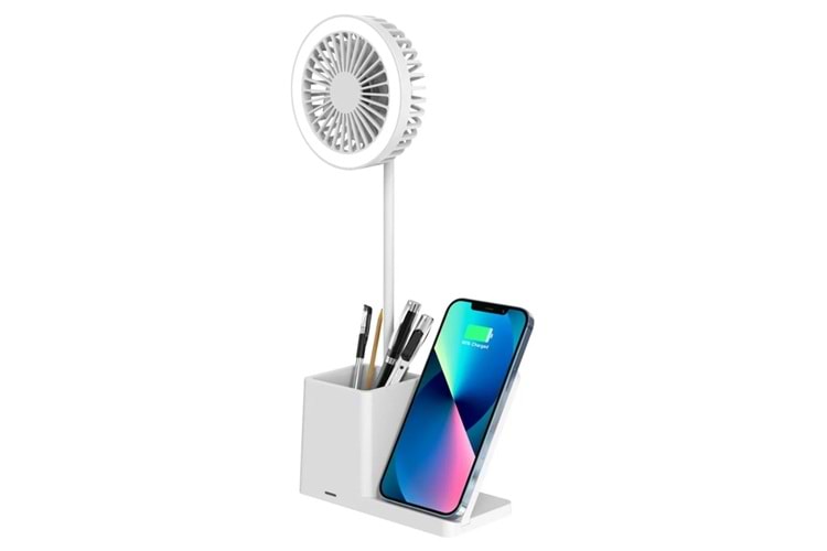 S-link SL-M9055 Beyaz TypeC 10W Kablosuz Şarj Cihazı Fanlı Kalemlikli Masa Lambası