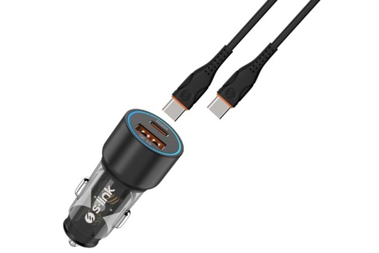 S-link SL-AC43TP TypeC to TypeC Kablolu 43W PD 25W + QC3.0 18W Siyah Araç Şarj Cihazı