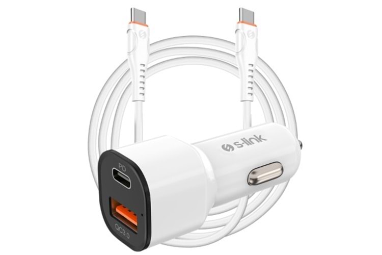 S-link SL-EC38PD TypeC to TypeC Kablolu 38W PD + USB QC3.0 Beyaz Araç Şarj Cihazı