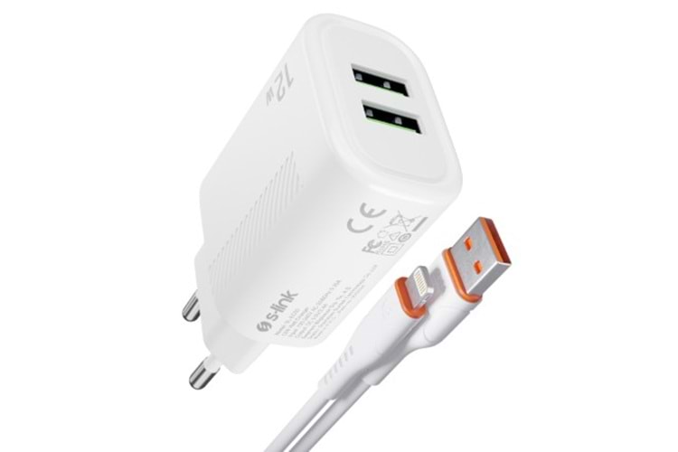 S-link SL-EC50 (SL-EC50L) Lightning Kablolu 5V 2400MA 2 USB Çıkışlı Beyaz Ev Şarj Adaptörü