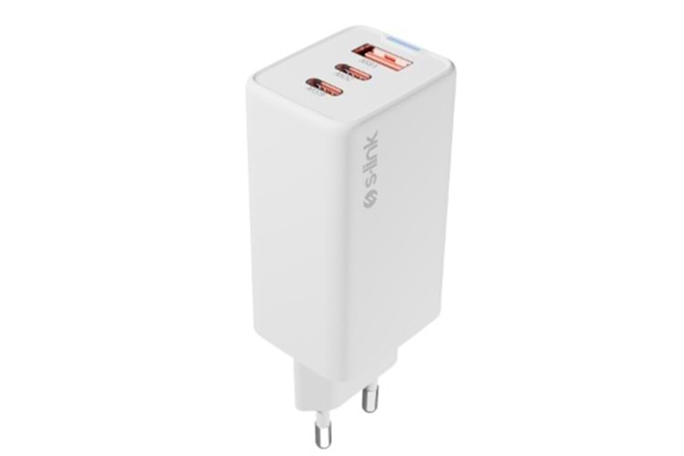 S-link SL-ECG65 2*USB-C + USB-A GAN PD 65W / QC 18W Type GAN PD/PPS Beyaz EV/NOTEBOOK Şarj Adaptör
